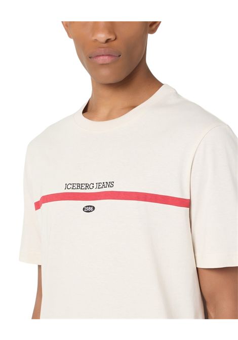 T-shirt regular fit in jersey di cotone avorio con dettagli logo e ricamo 1986 ICEBERG JEANS | Maglie | F011P4001329